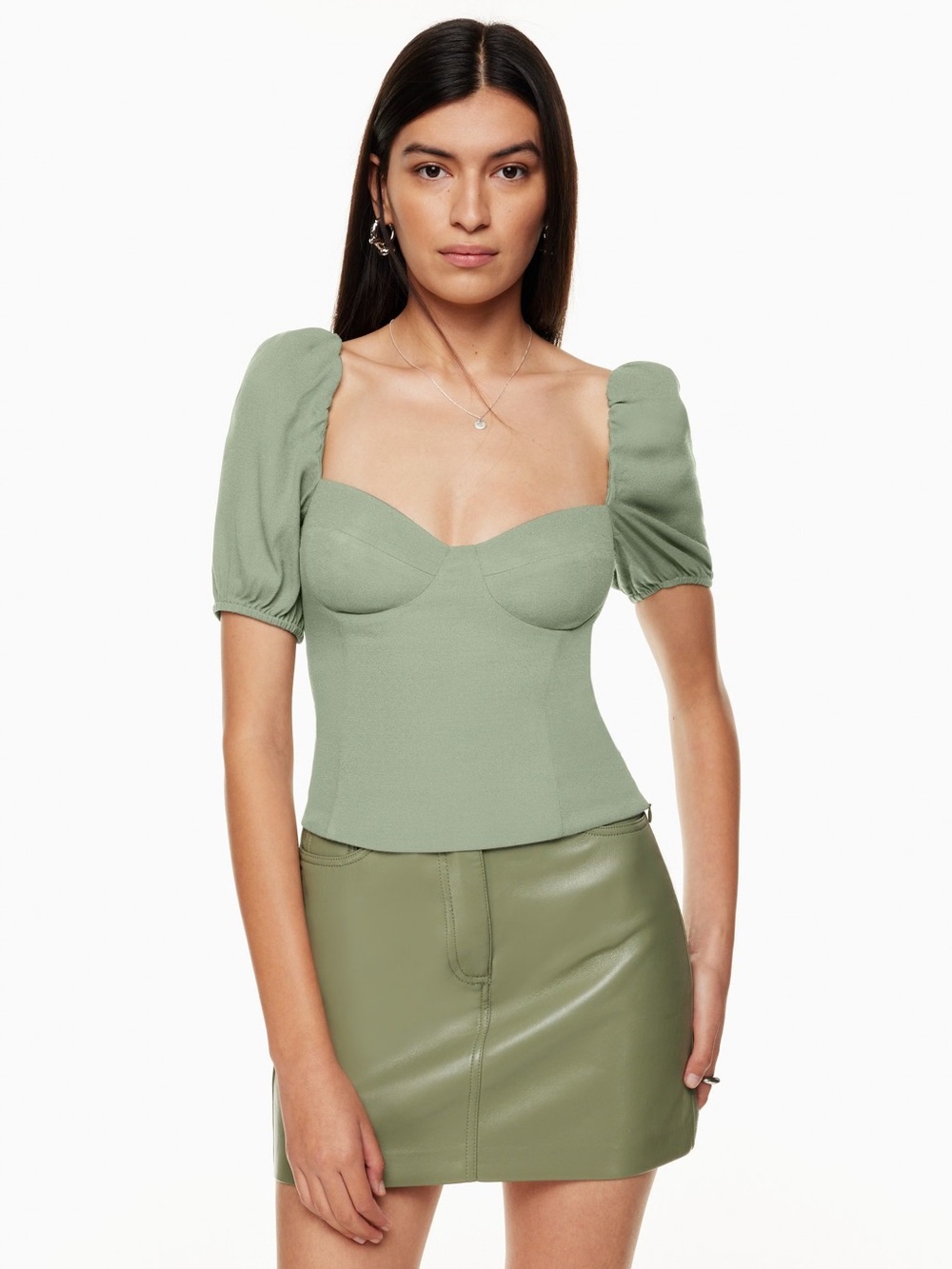 Aritzia Novella Top Puff Sleeve Sweetheart Bustier Top in Sage Green